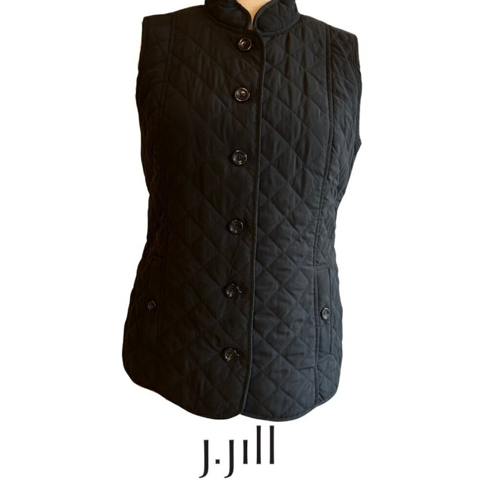 J. Jill Quilted Puffer Snap Front Vest Black with Gold Interior‎ Size MP